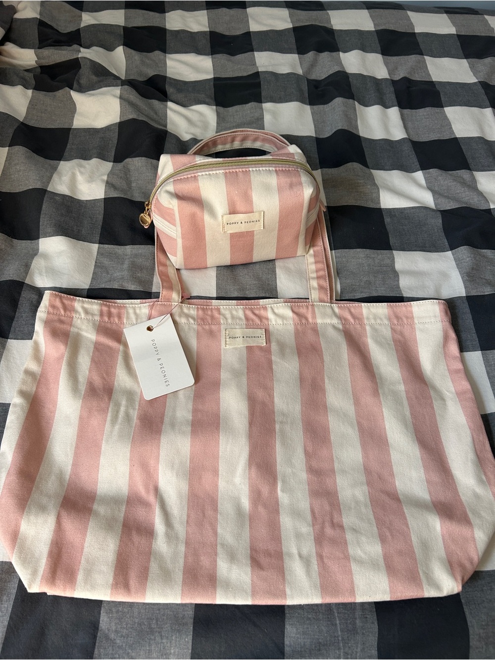 Poppy & Peonies Pink Stripe Canvas Tote Bag and matching cosmetic pouch - Picture 3 of 10